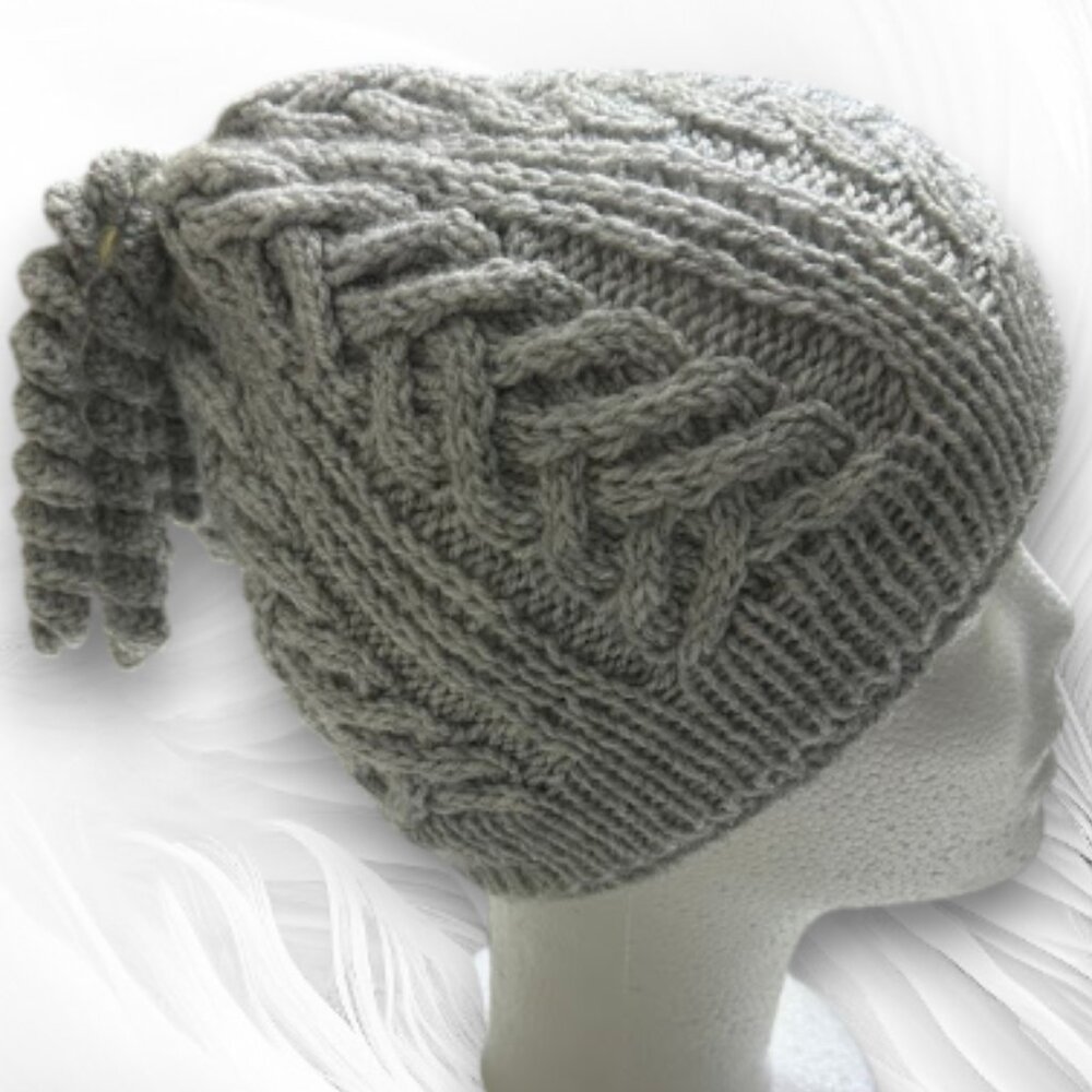 Handmade Gray Chunky Knit Hat with Braided Cable Pattern
